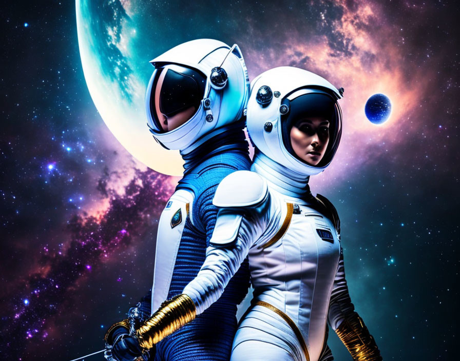 Astronauts in space suits with moon and planet backdrop