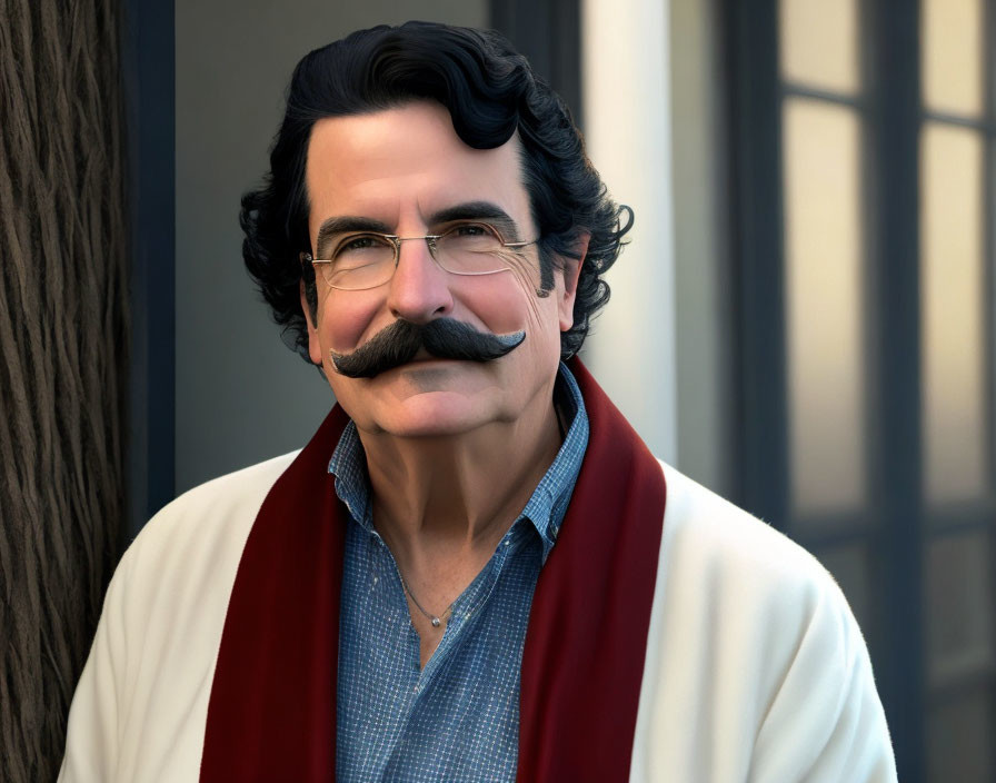 Prominent mustache man in glasses, scarf, and sweater smiling