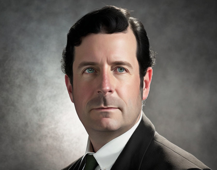 Professional man portrait in suit and tie on grey background