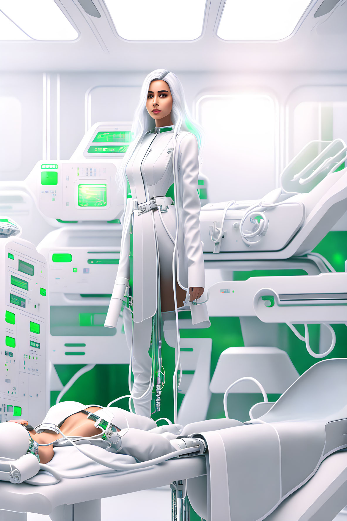 Futuristic medical scene with woman in white outfit and patient on bed