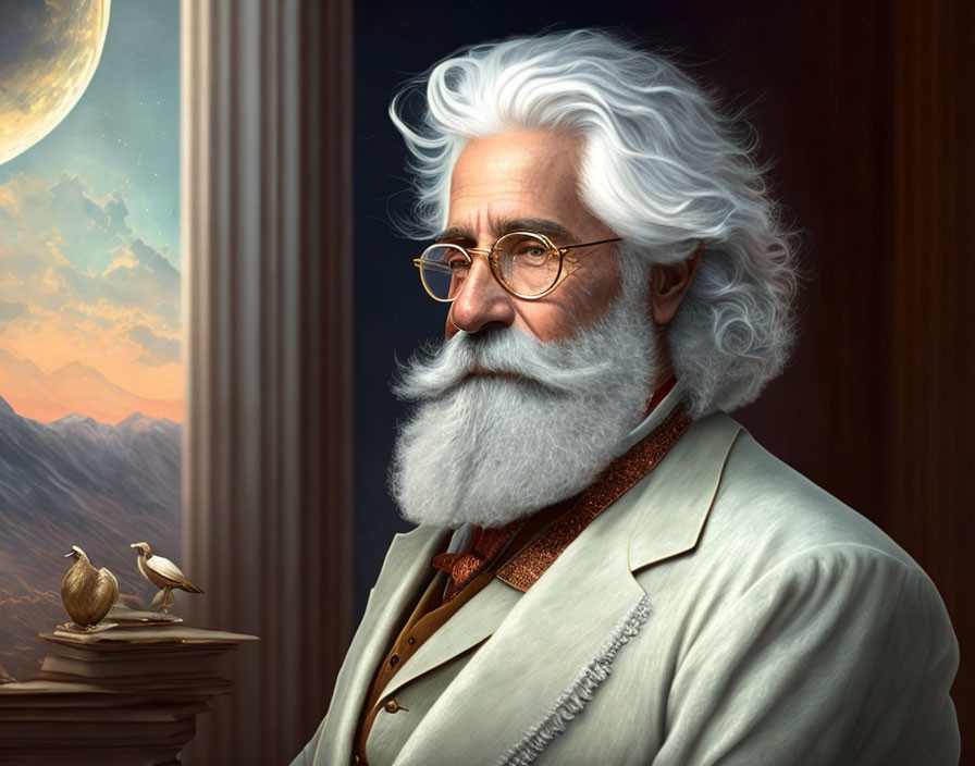 Elderly man with white hair and beard in suit, glasses, moonlit sky, mountain backdrop