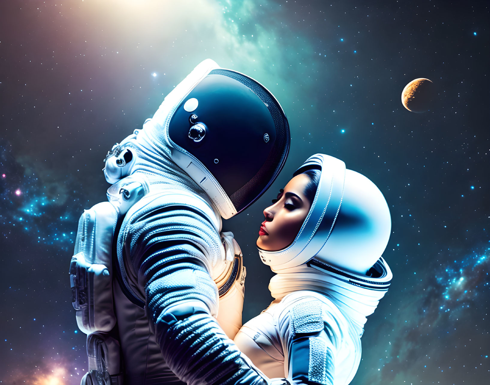 Astronauts embracing in space with starry backdrop