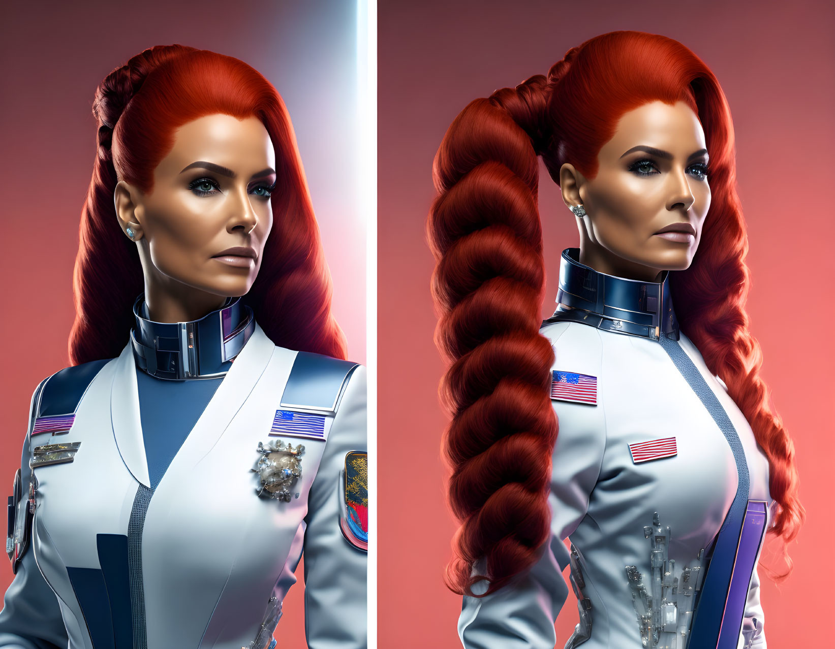 Detailed futuristic female officer with high braid in realistic digital art.