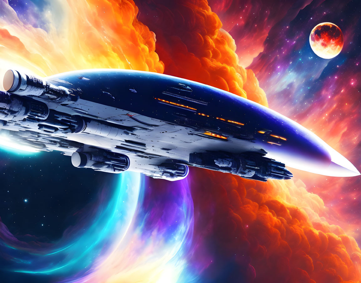 Futuristic spaceship in vibrant cosmic scene