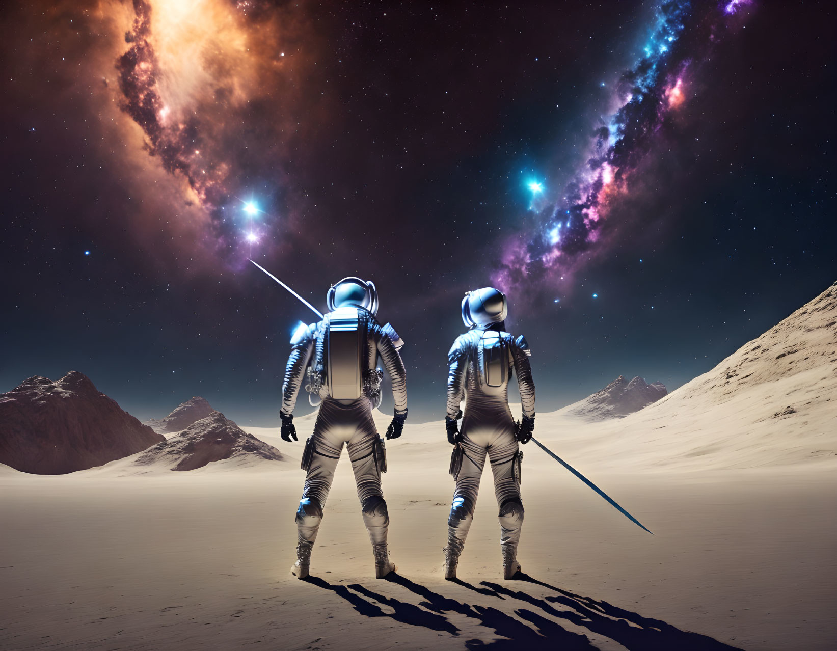 Astronauts on barren alien landscape under starry sky