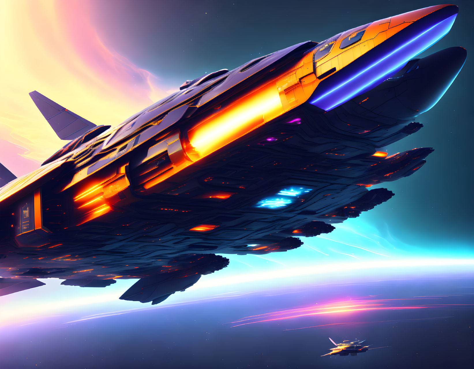 Futuristic spaceship with glowing blue engines in vibrant space scene