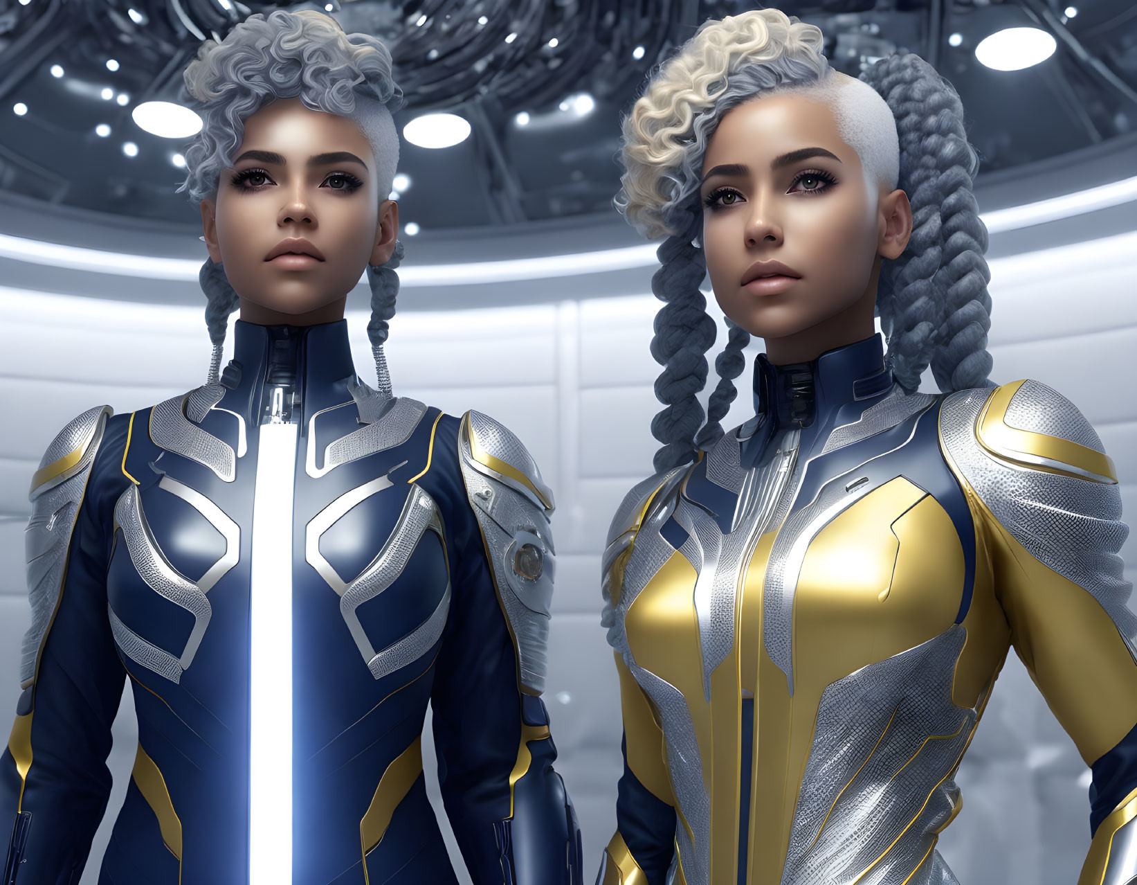 Futuristic women with silver hair in blue and yellow suits in high-tech setting