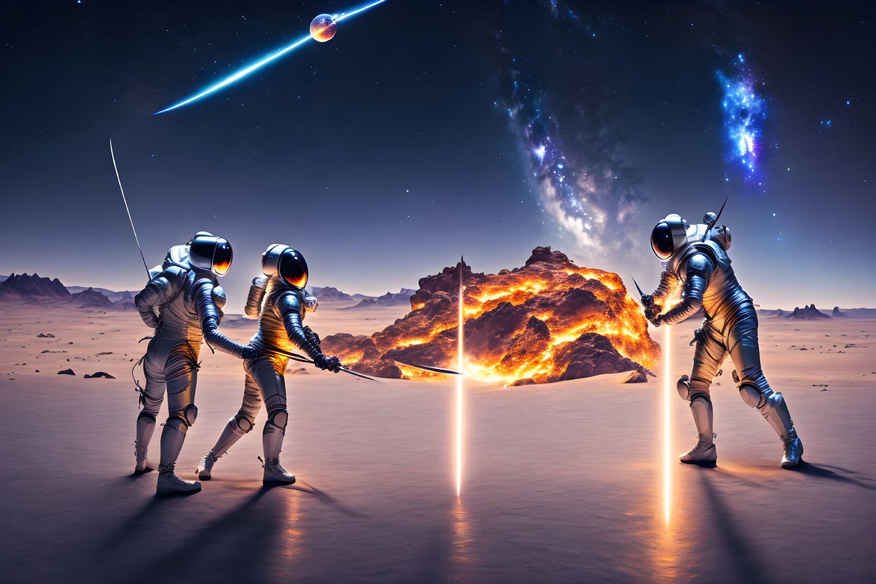 Astronauts duel with lightsabers on alien planet with explosion & meteor trail