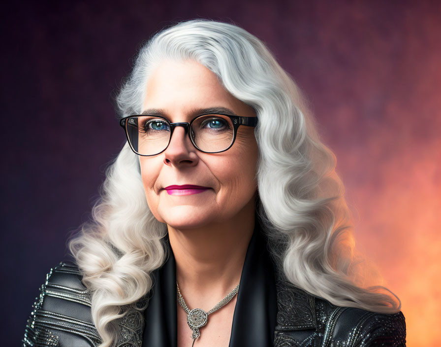 Smiling woman with silver curly hair in glasses and black outfit