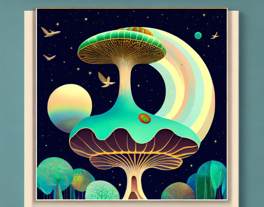 Fantastical mushroom under starry sky with rainbow, planets, trees, and birds