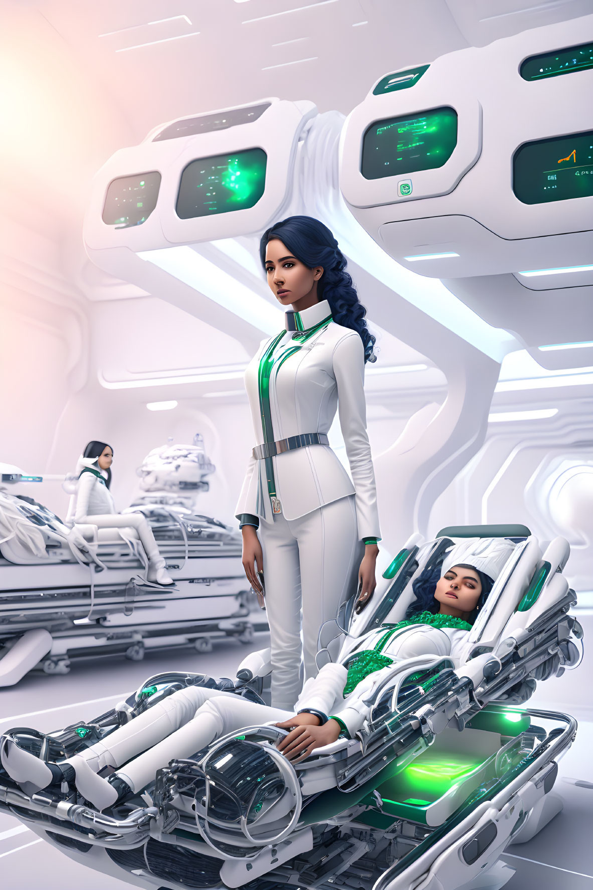 Futuristic medical bay with woman in white uniform and high-tech medical pod