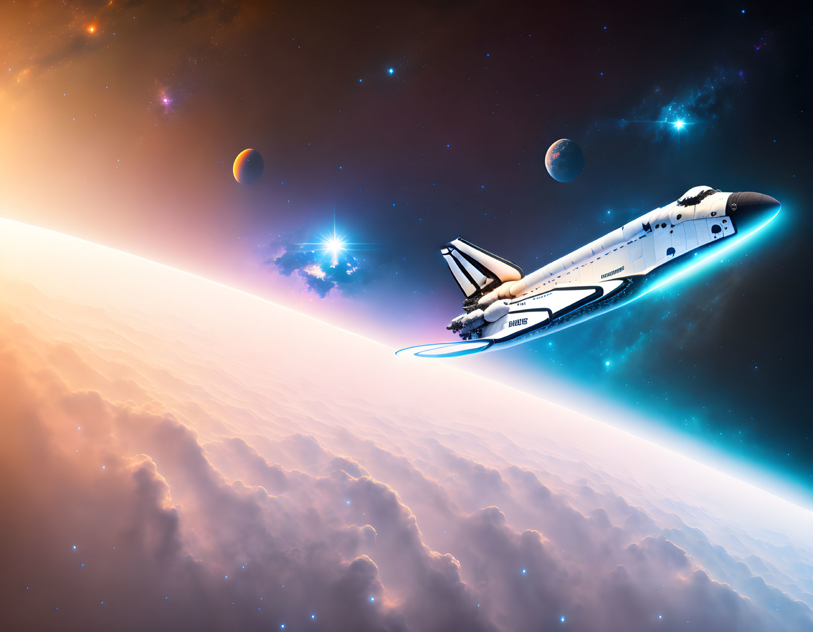 Space shuttle ascending with sun, planets, and stars in background