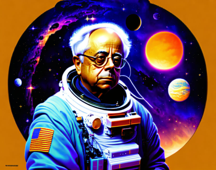 Illustrated portrait of bespectacled man in spacesuit against cosmic backdrop