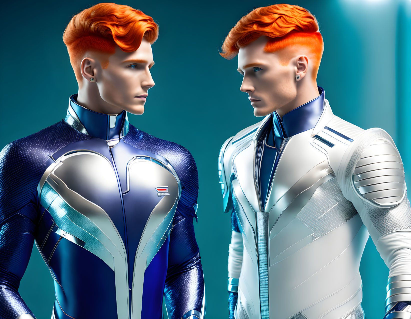 Futuristic male models with vibrant red hair in blue and white body suits