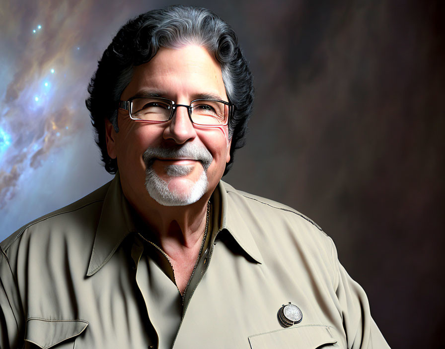 Smiling man with gray hair and mustache in cosmic setting