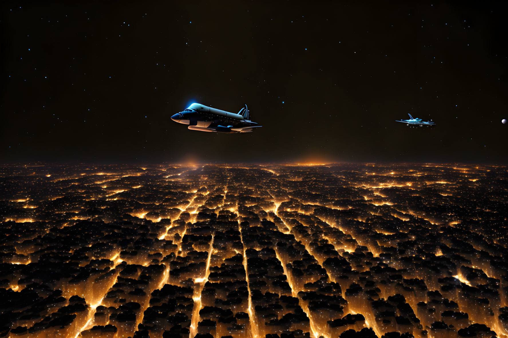 Futuristic spaceships over city at night with golden lights