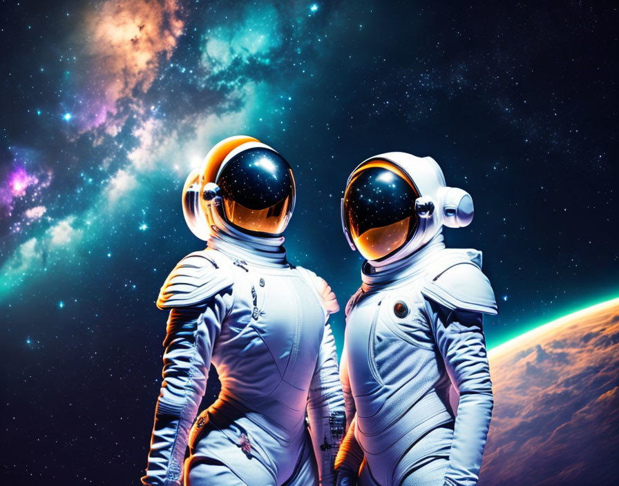 Astronauts in spacesuits against starry backdrop with Earth visible