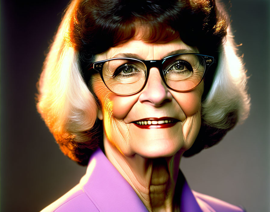 Elderly woman with blond hair and cat-eye glasses in purple blouse