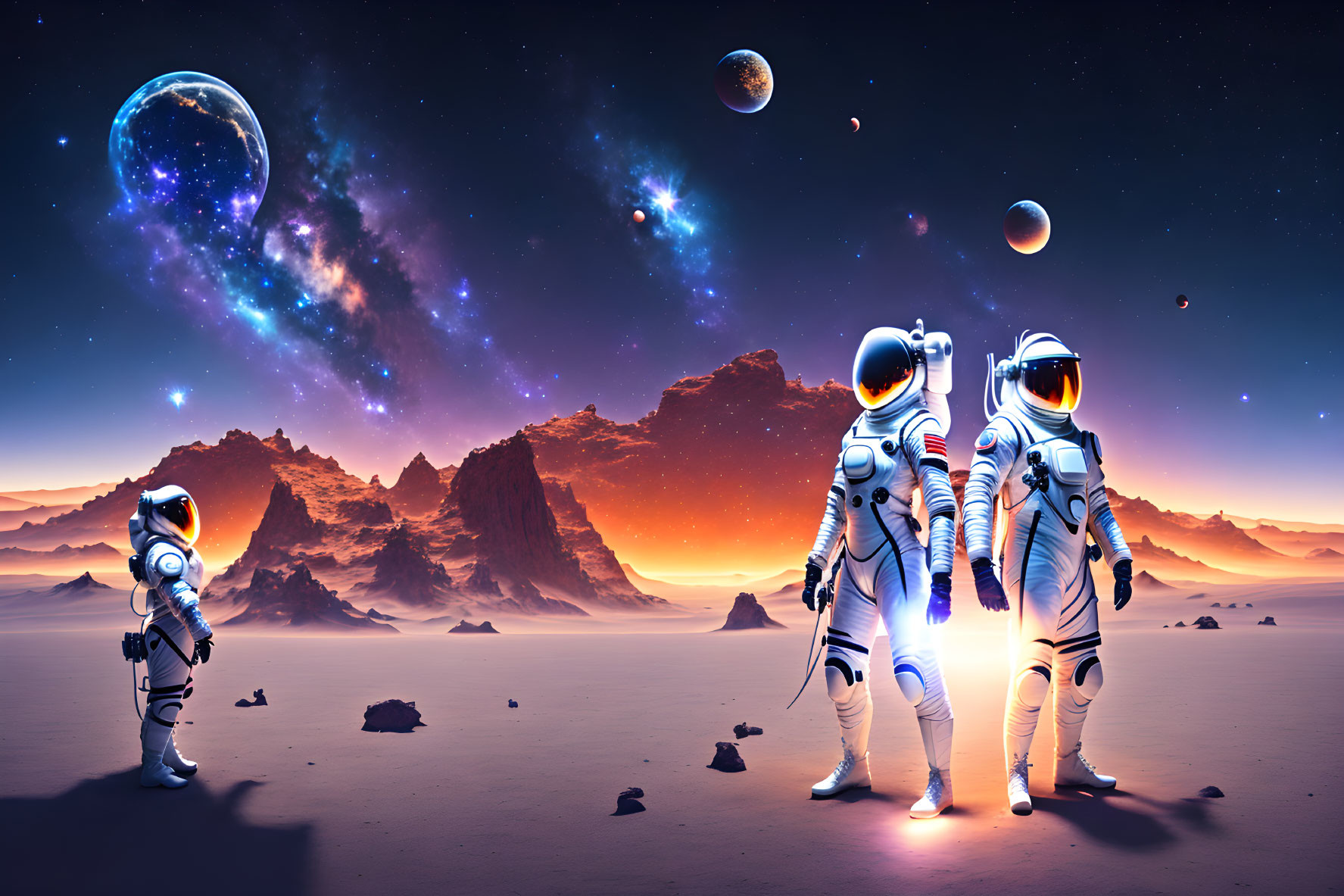 Three astronauts on alien desert with starry sky & planets.