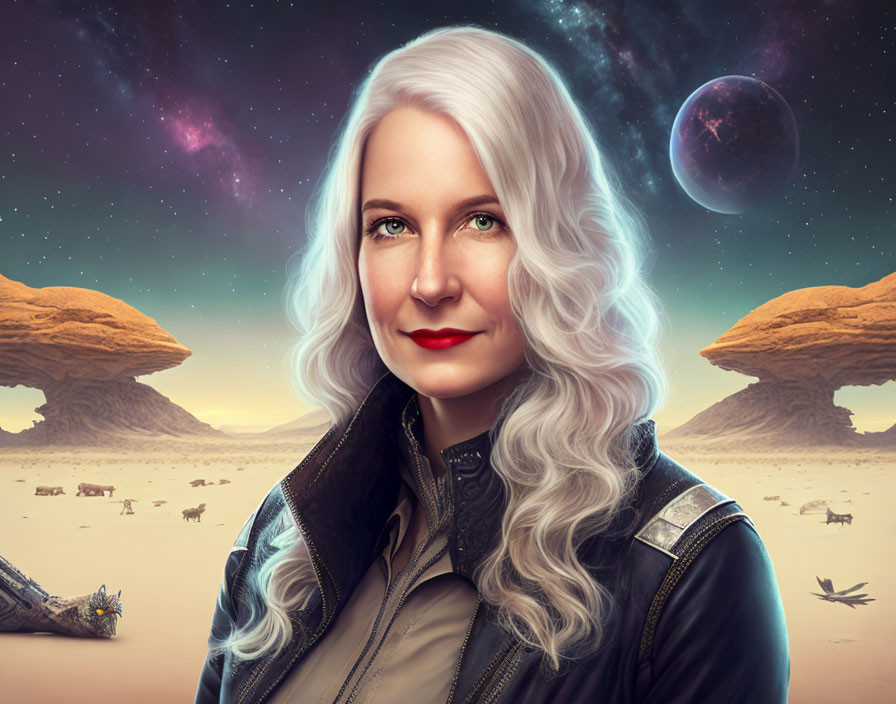 White-haired woman in futuristic desert landscape with celestial backdrop