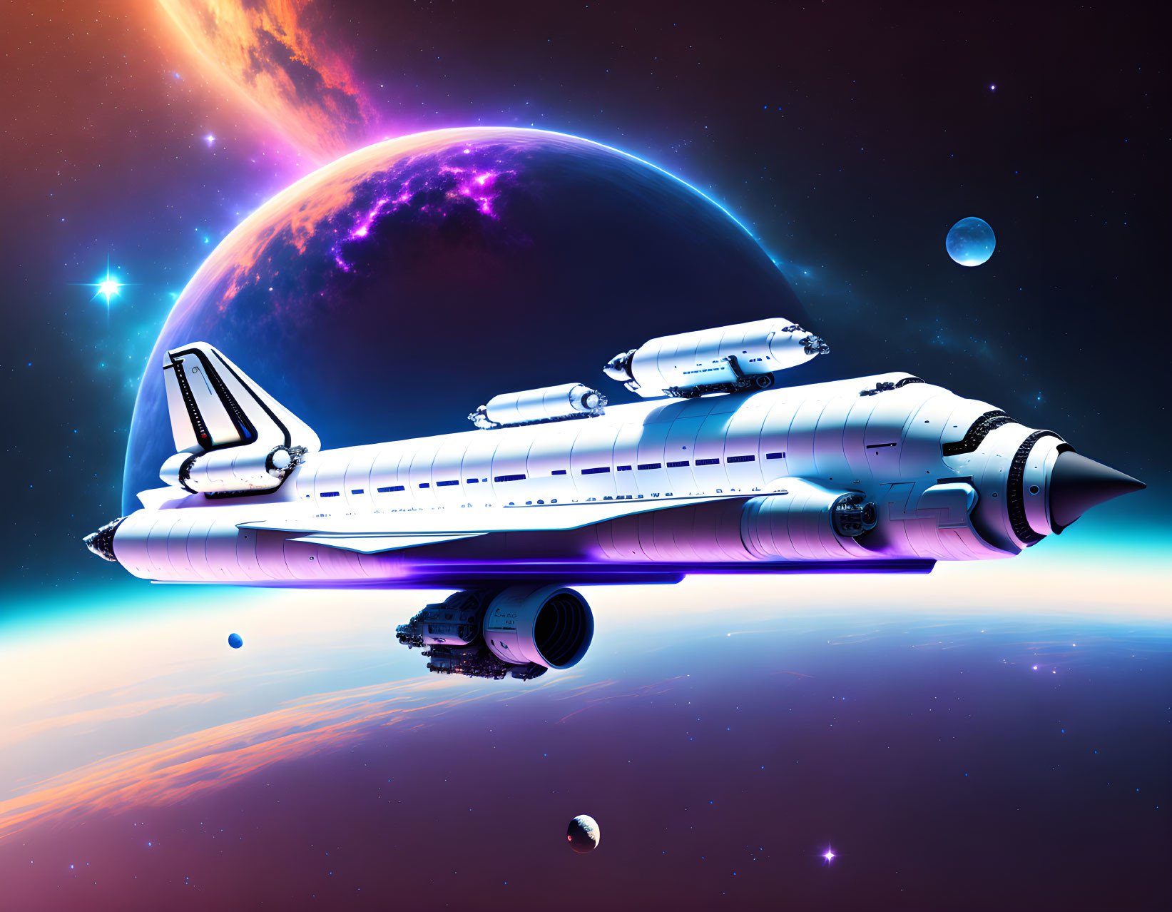 Futuristic spaceship in vibrant space scene with purple planet