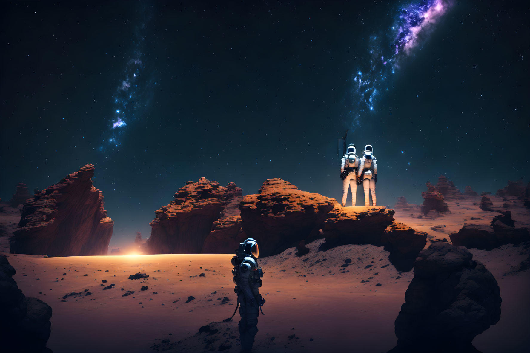 Astronauts on red alien landscape under starry sky