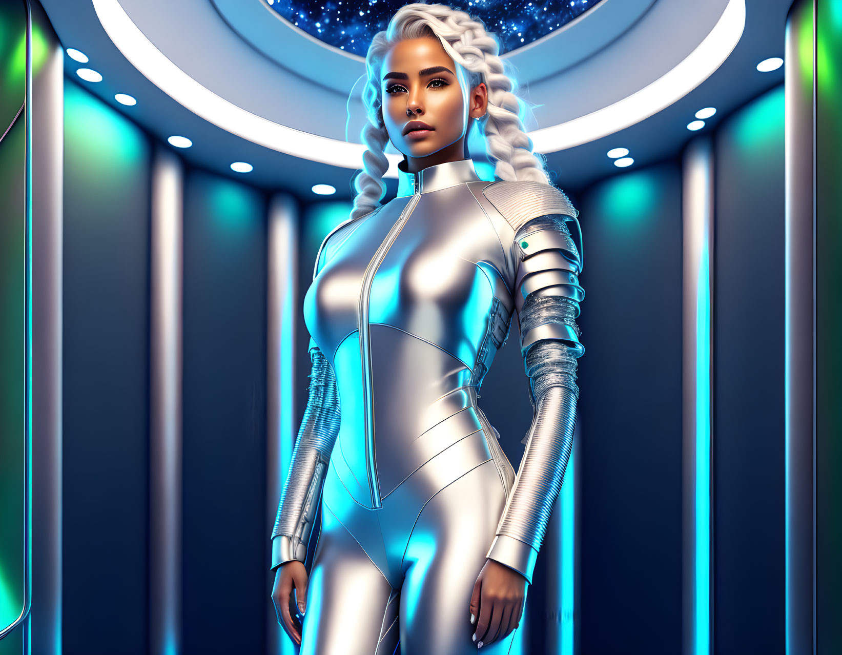 Futuristic woman in silver bodysuit in sci-fi corridor