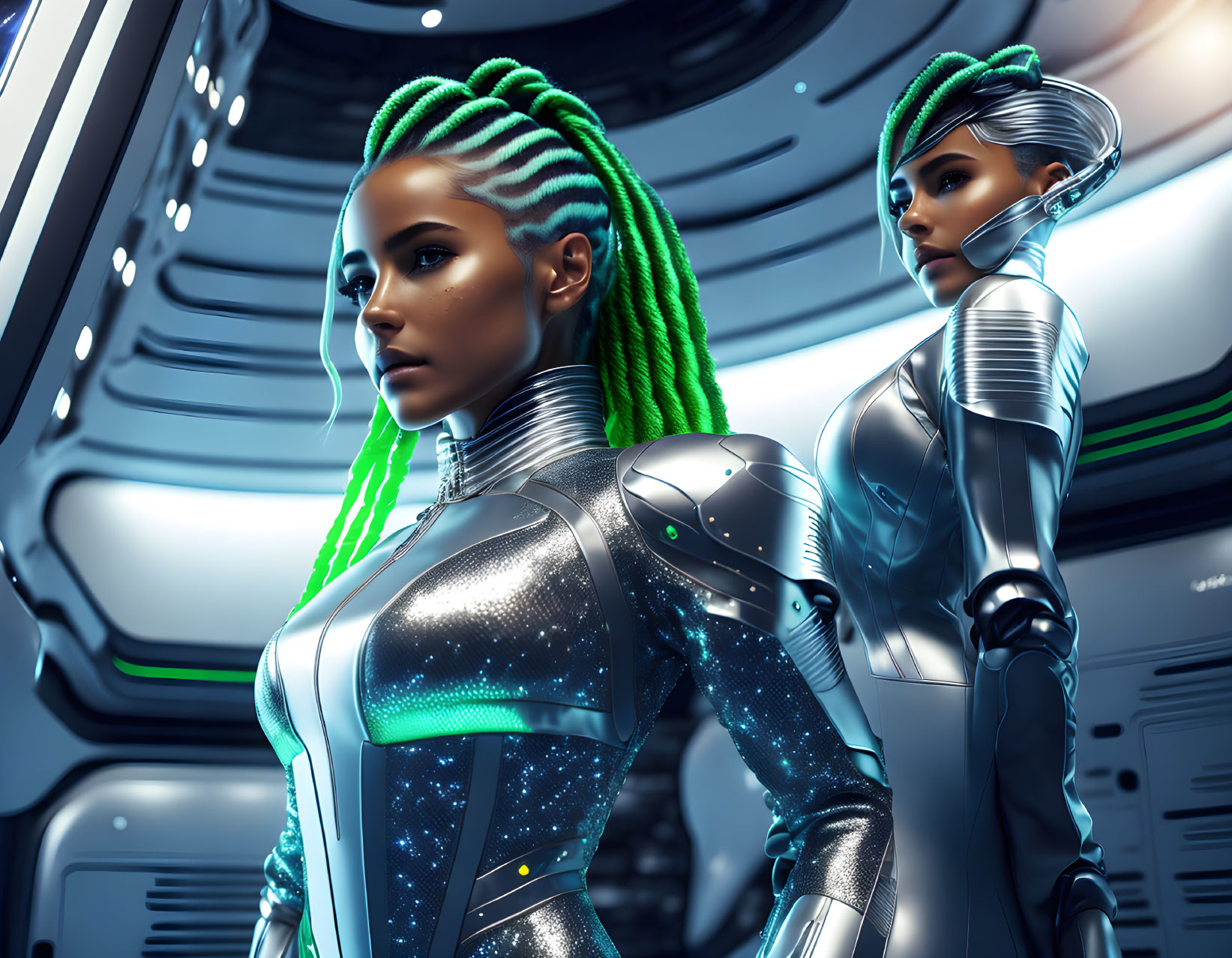 Futuristic female characters with green braided hair in silver suits