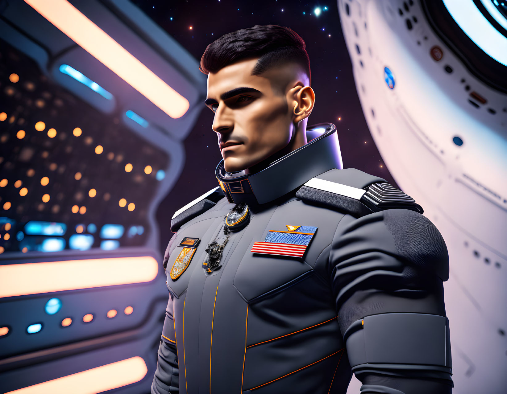 Futuristic male space officer in stylized uniform inside spacecraft