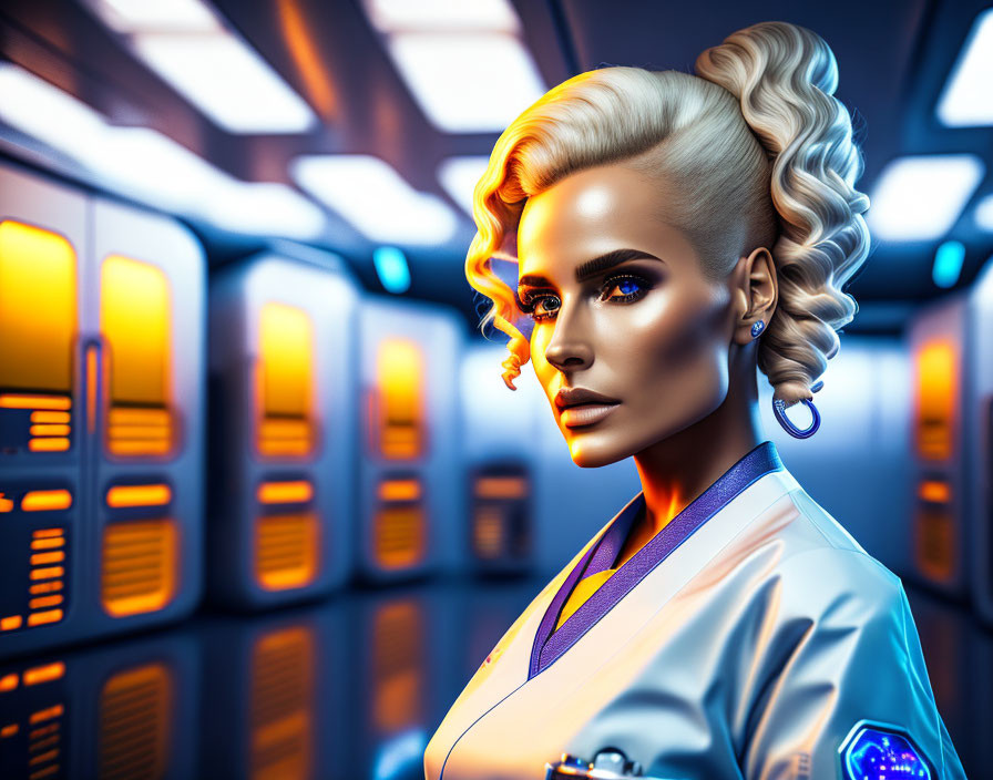 Blonde woman in futuristic attire against sci-fi spaceship corridor