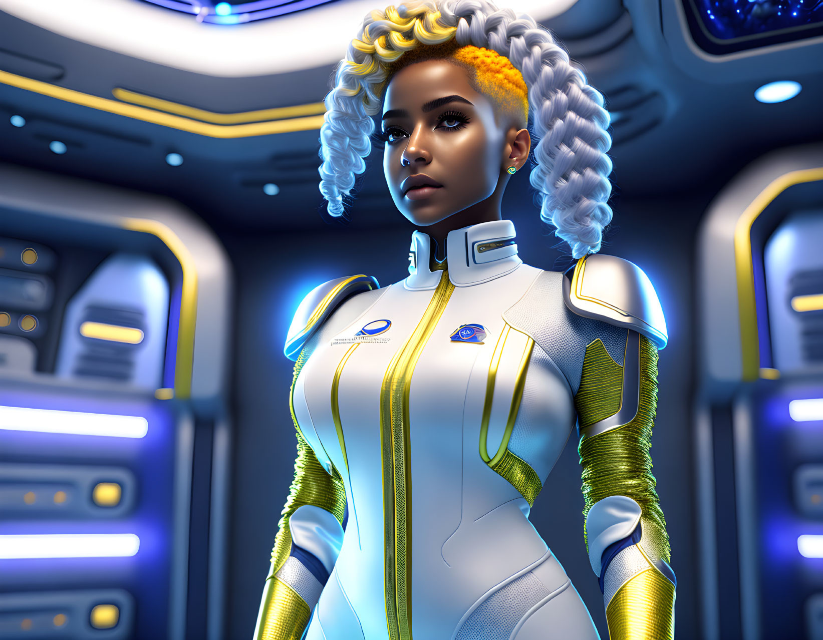 Futuristic woman with yellow-tipped curly hair in sci-fi setting wearing white and yellow uniform