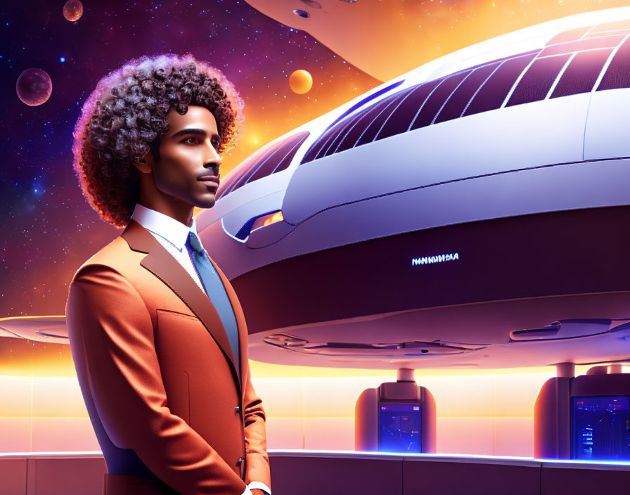 Man with Afro in Futuristic Spaceport with Spaceship and Celestial Background