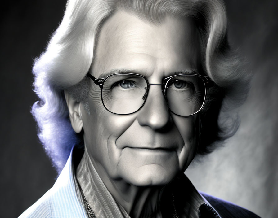 Elderly person in striped shirt and jacket, grayscale photo with blue tint