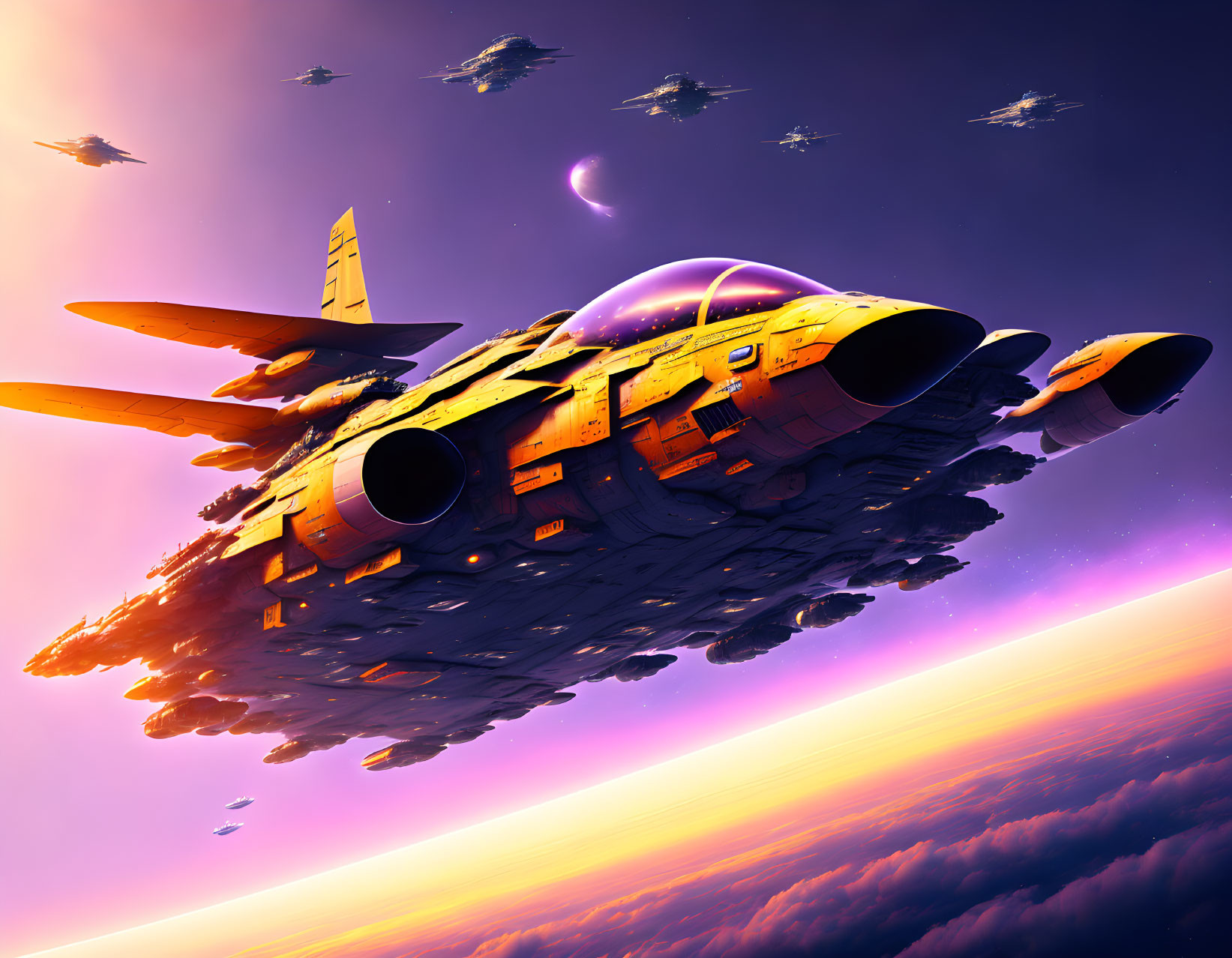 Futuristic orange spaceship in sci-fi scene above planet's atmosphere