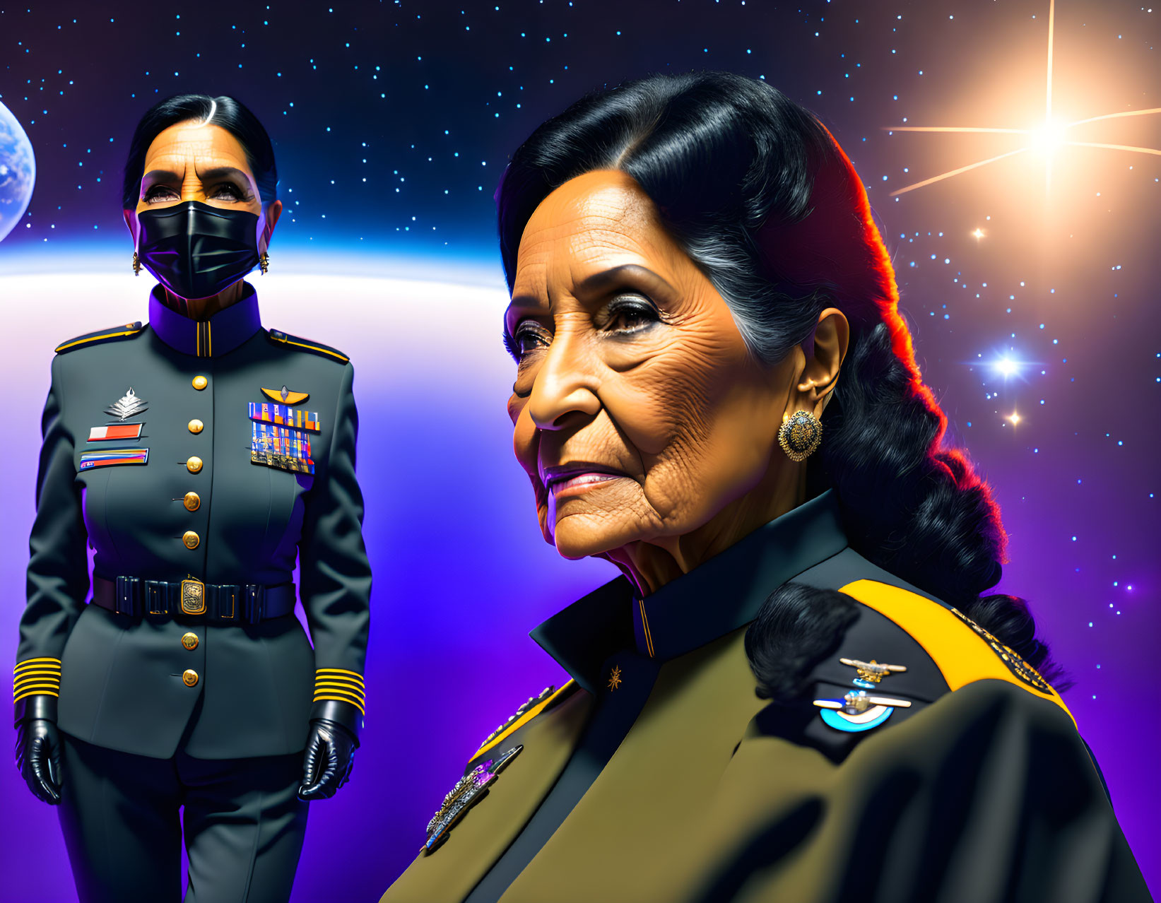 Stylized military uniform illustrations against cosmic backdrop