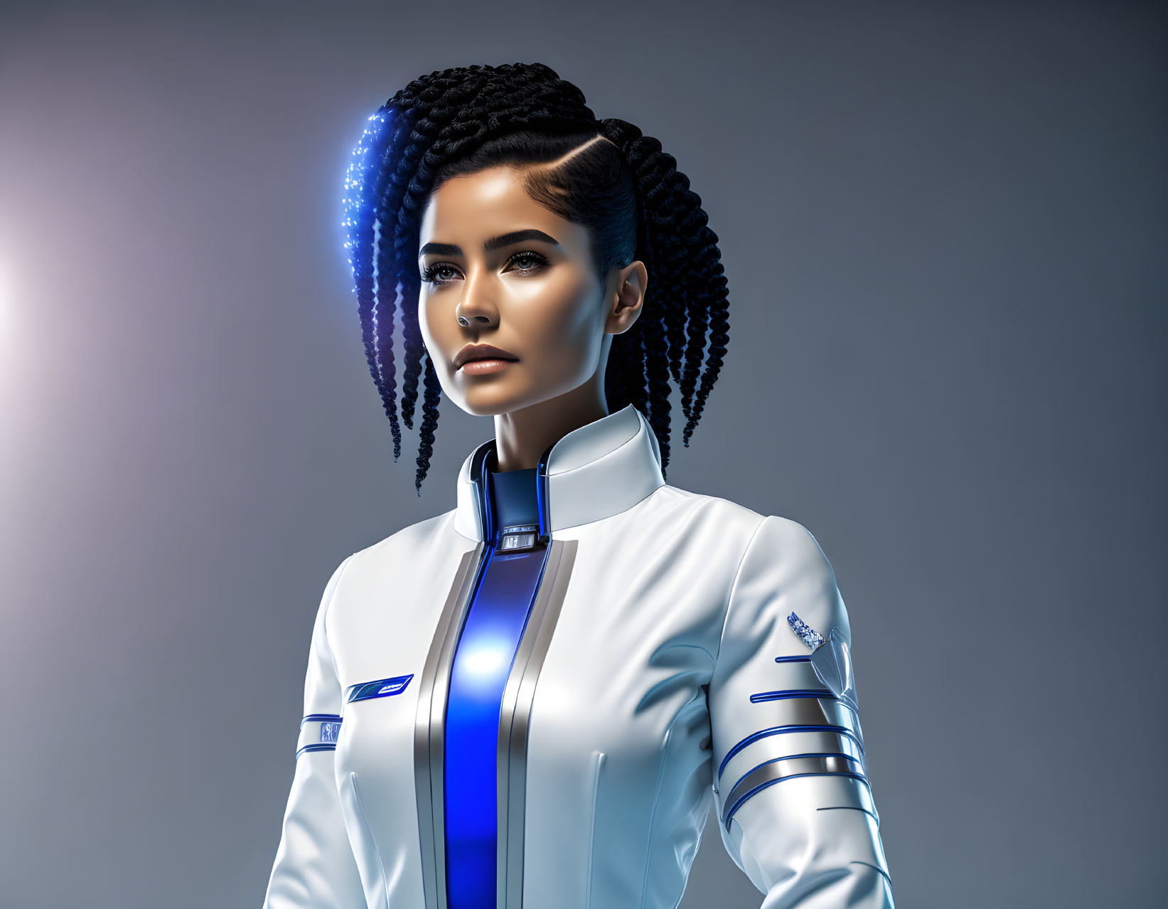 Futuristic woman with braided hair in white and blue high-collared outfit