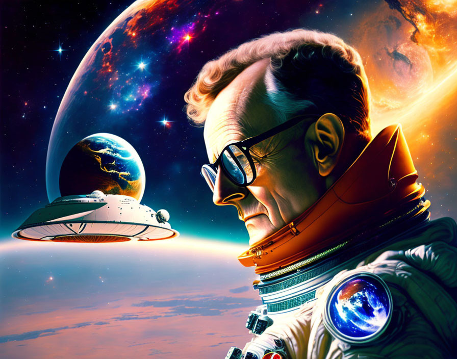 Astronaut with glasses in cosmic scene with planets and flying saucer