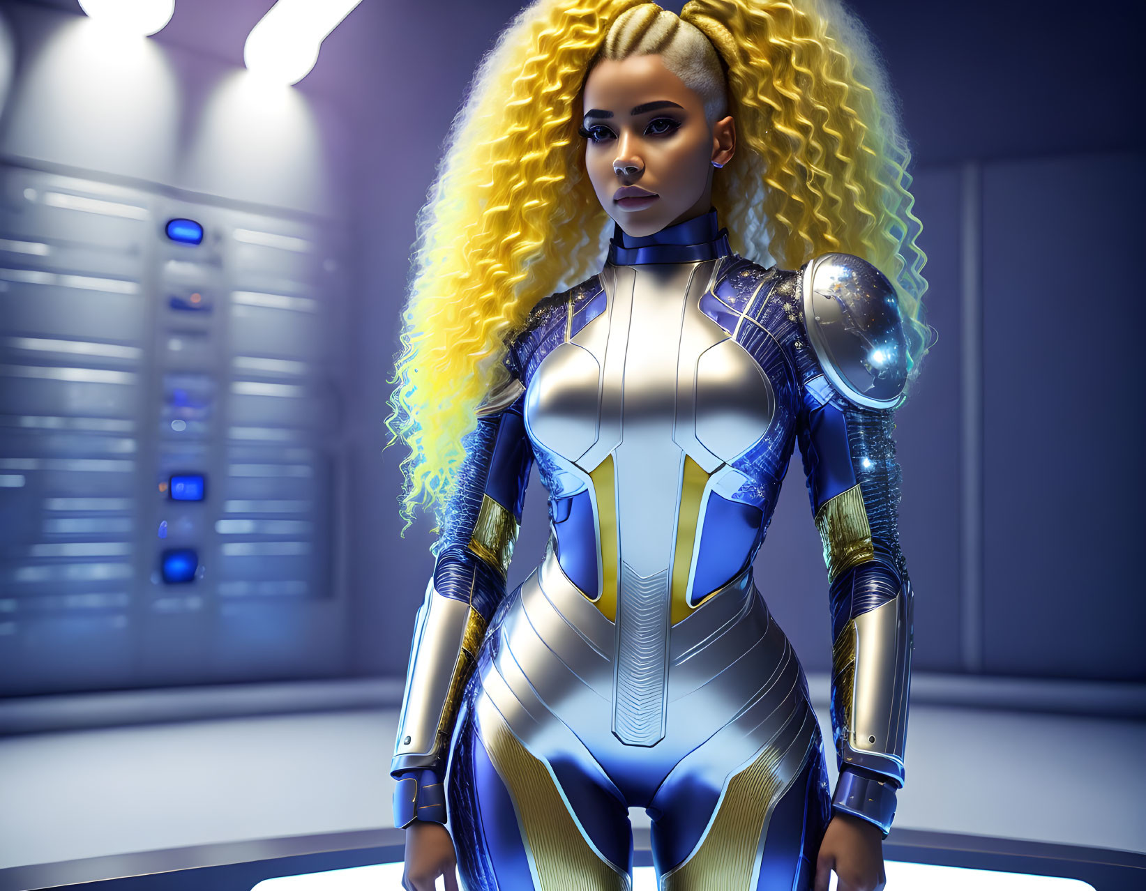 Futuristic female figure in silver and blue bodysuit in spaceship corridor