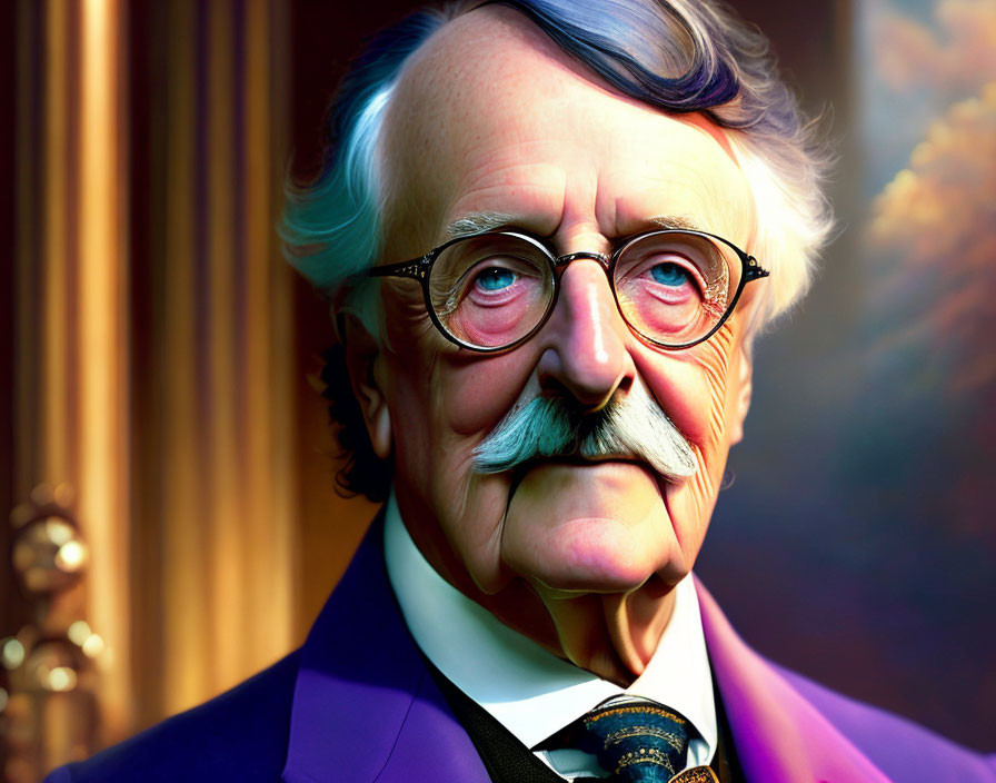 Elderly man with mustache and glasses in purple jacket and tie