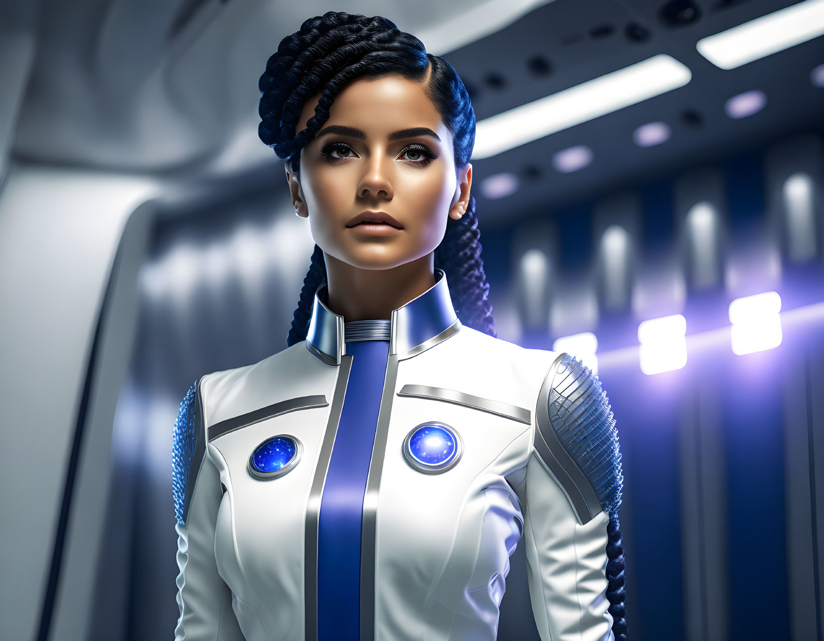 Braided hair woman in white and blue futuristic uniform in spaceship corridor