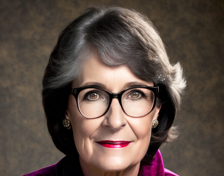 Elderly woman portrait with gray hair, glasses, red lipstick, purple garment