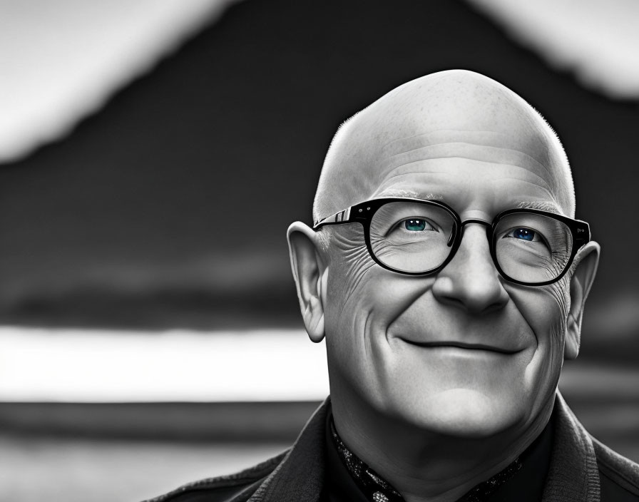 Monochrome portrait of a smiling bald man with glasses against blurry mountain backdrop