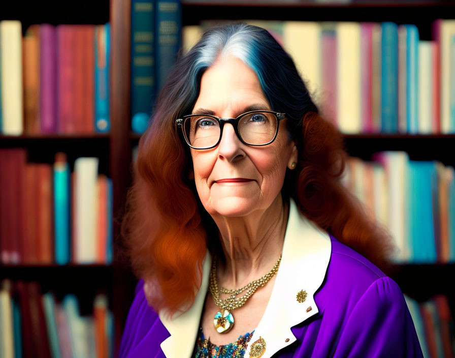 Elderly lady with long grey hair and purple jacket in front of bookshelf