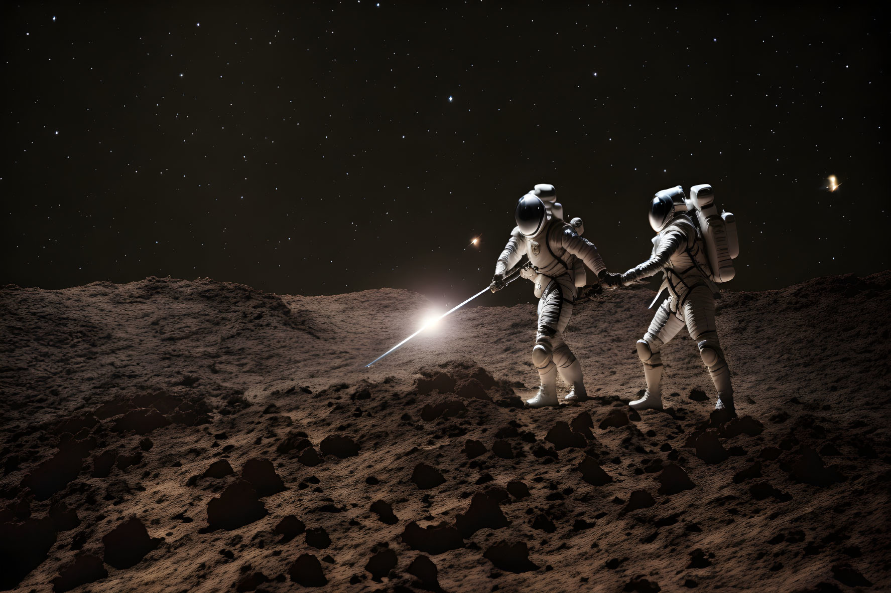 Astronauts conducting lunar research under starry sky