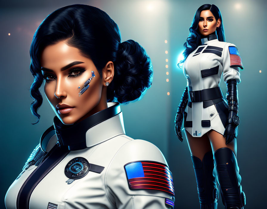 Futuristic digital artwork of woman in space uniform with glowing blue accents