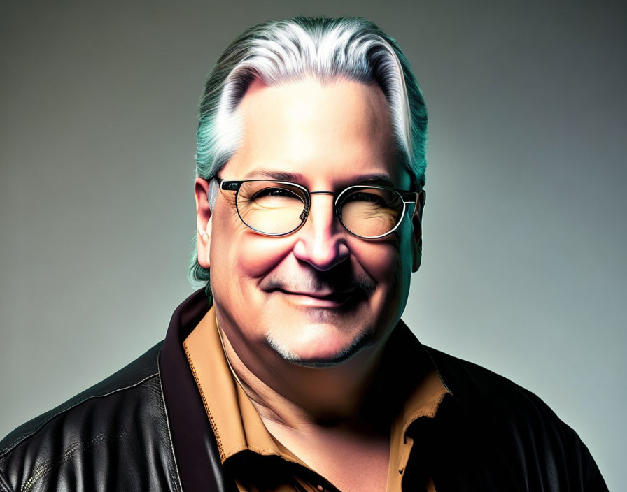 Silver-haired man in leather jacket and glasses portrait on gray background