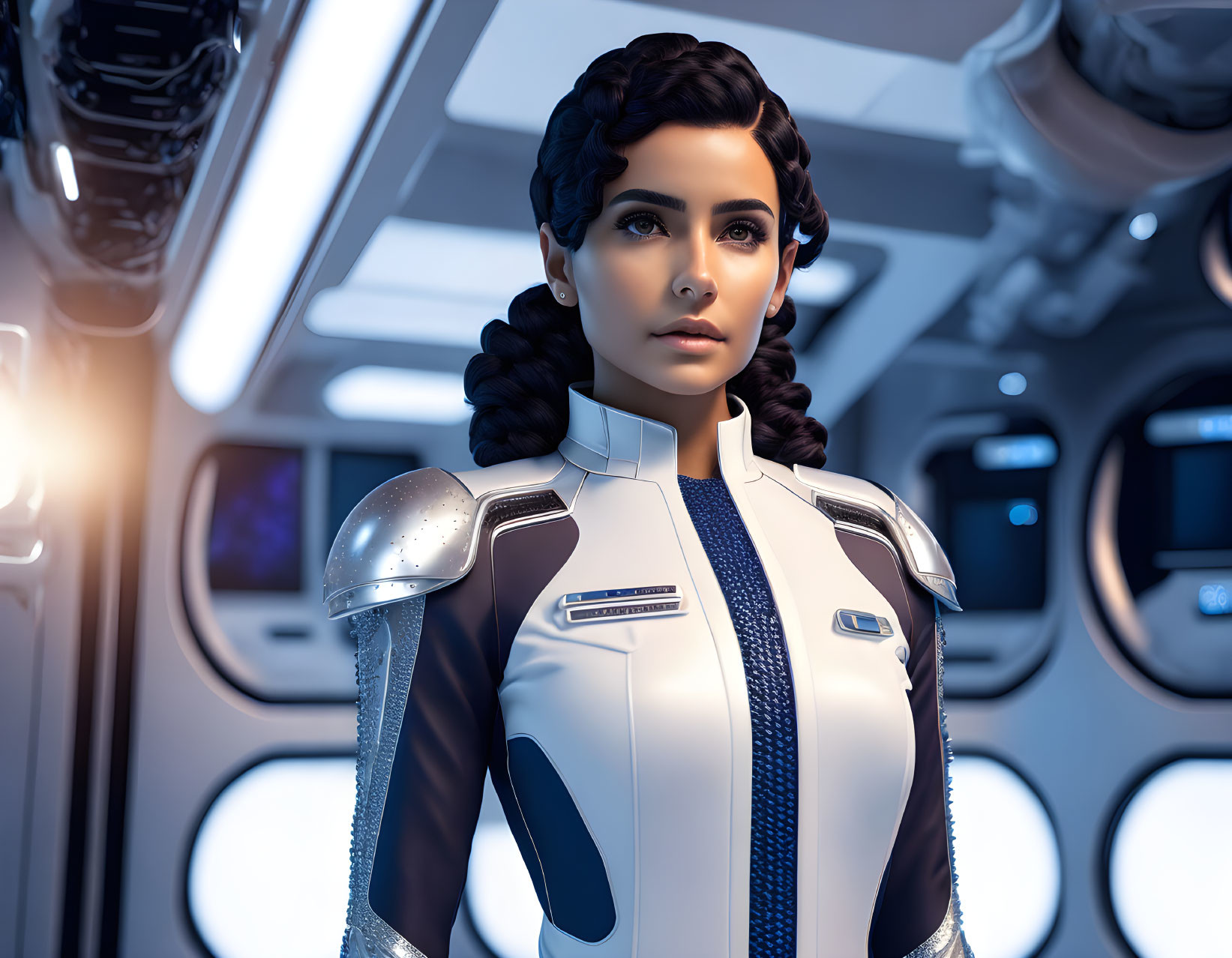 Female astronaut in futuristic suit inside spacecraft - 3D rendering