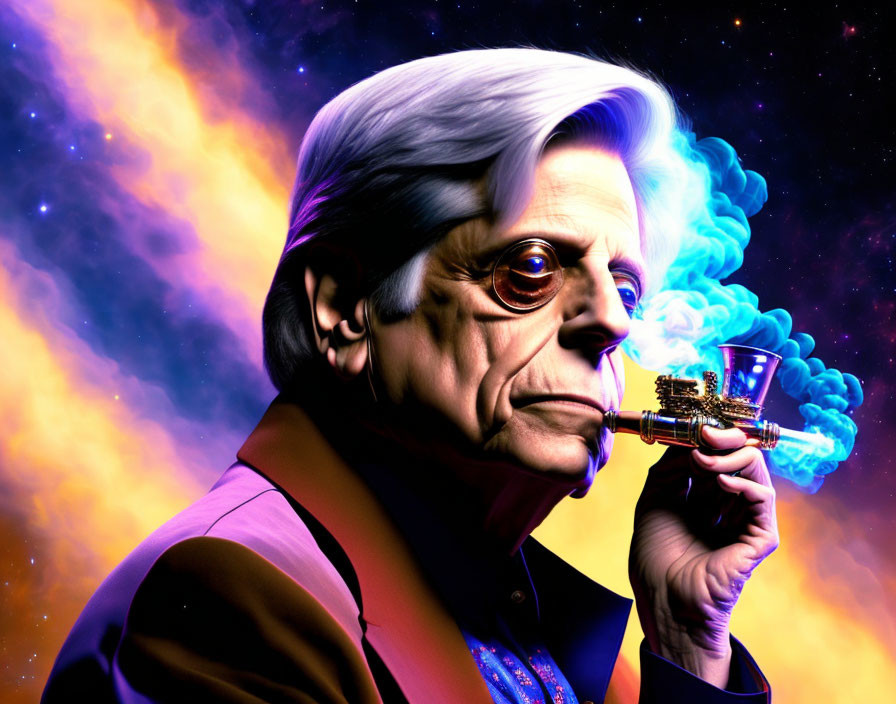 Silver-haired man smoking pipe against cosmic backdrop