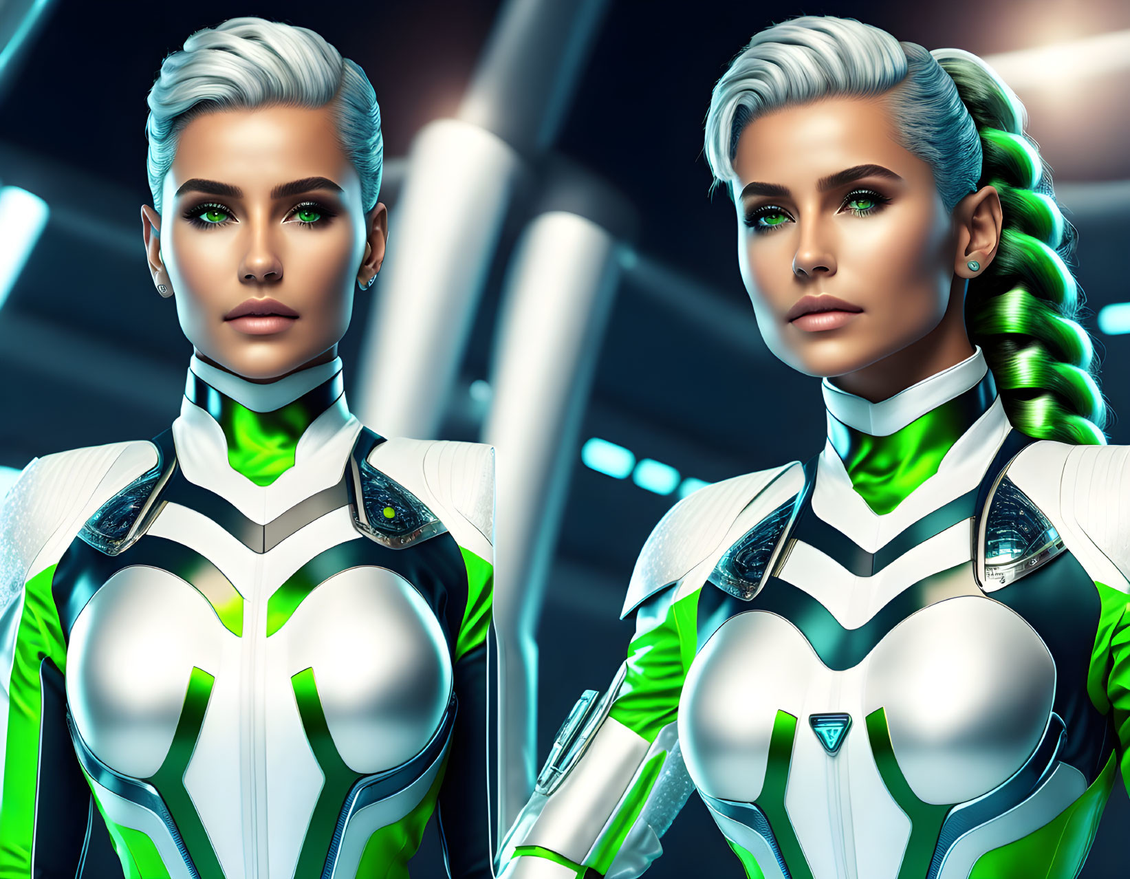 Futuristic white-haired female characters in tight white suits with green lights in neon-lit setting