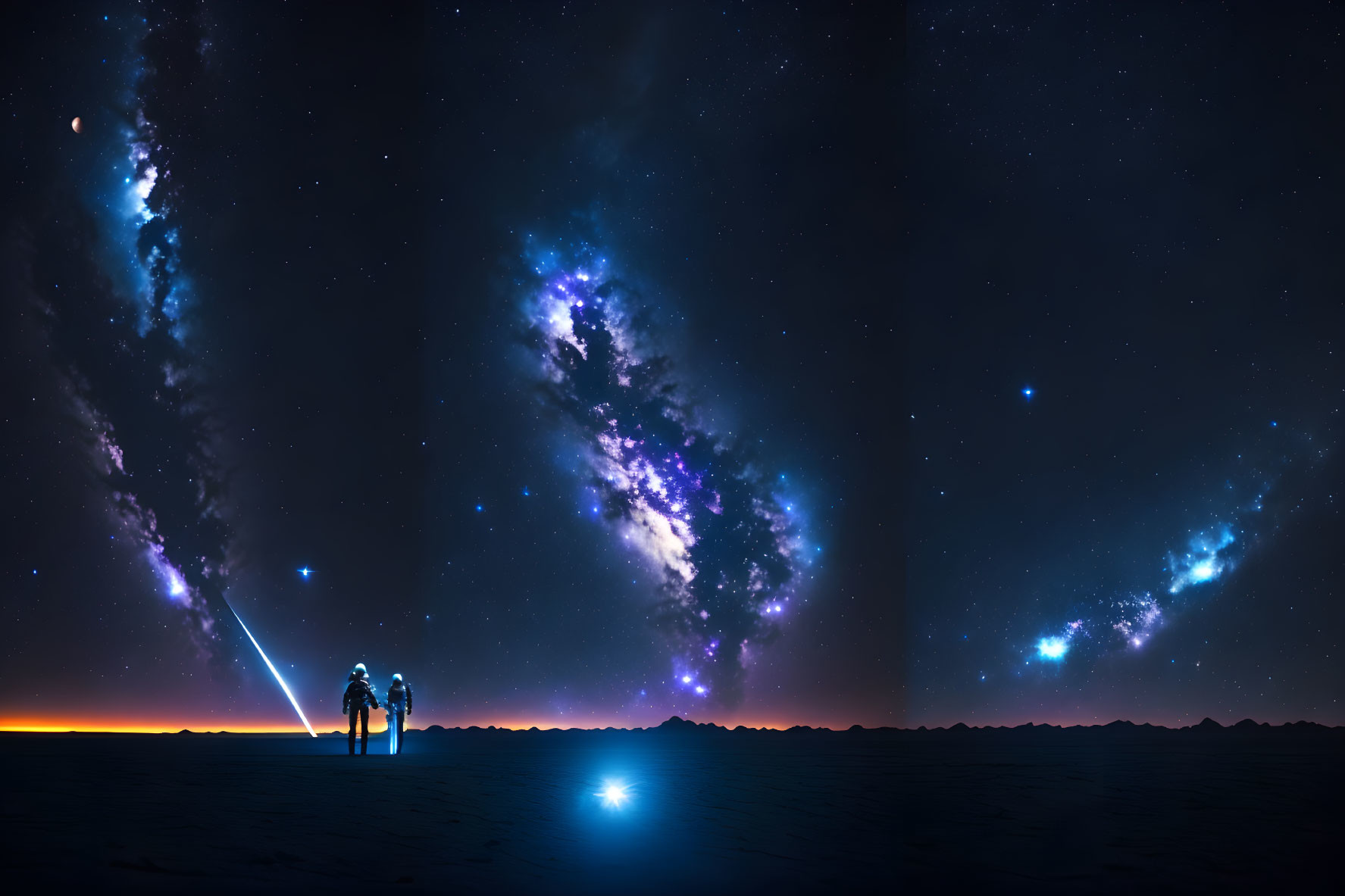 Silhouetted Figures in Desert Under Starry Sky with Cosmic Streams at Dawn